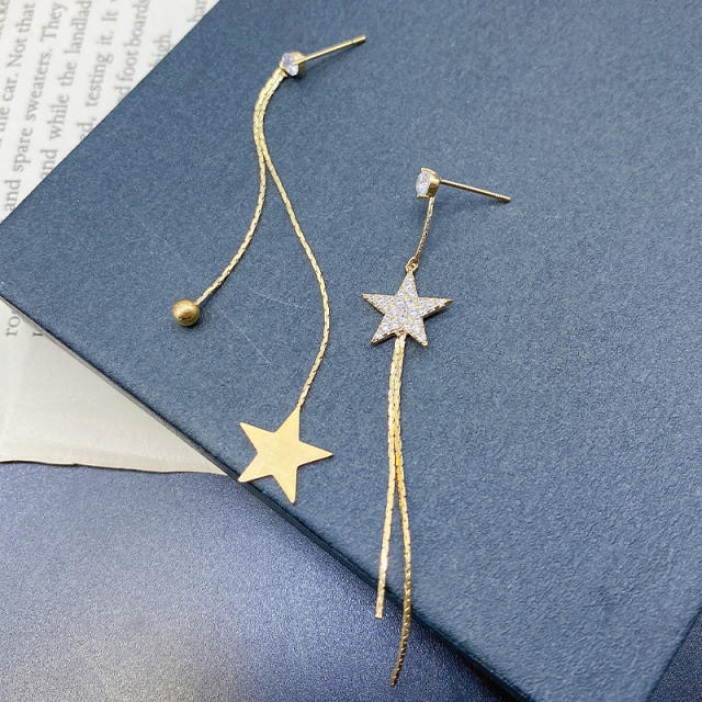 925 silver pin long tassel asymmetric star earrings for women