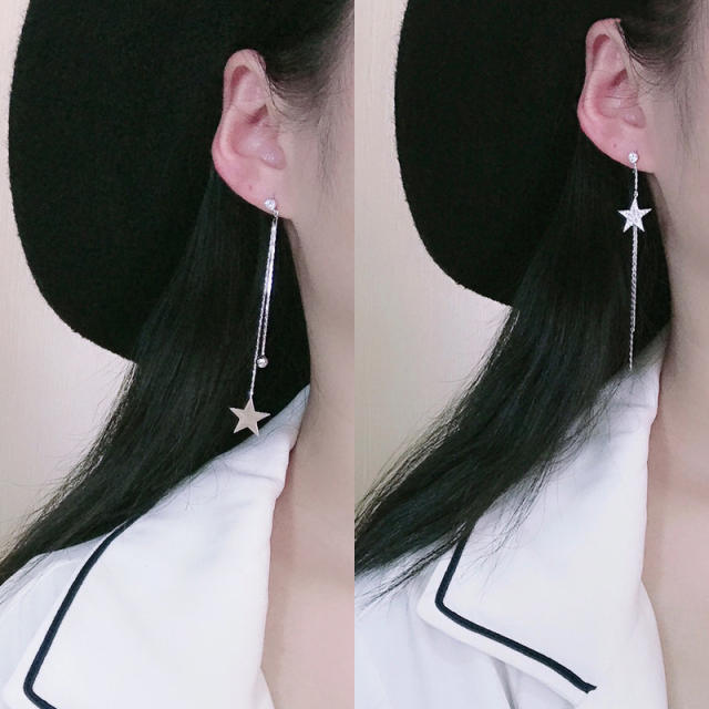 925 silver pin long tassel asymmetric star earrings for women