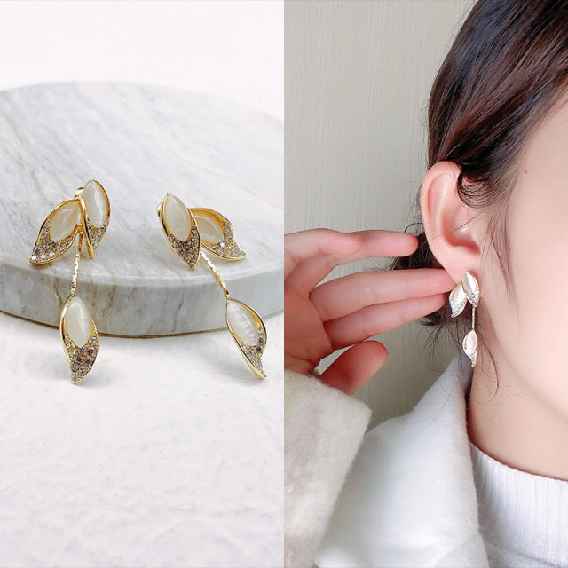 925 silver needle gold leaf cat's eye stone tassel earrings super fairy temperament long paragraph earrings