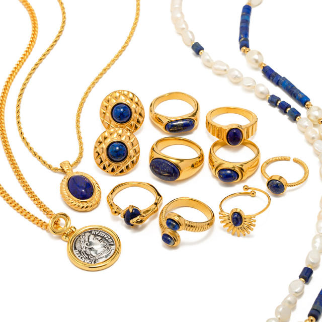 Titanium steel Lapis Lazuli Rings Necklace Palace vintage Premium