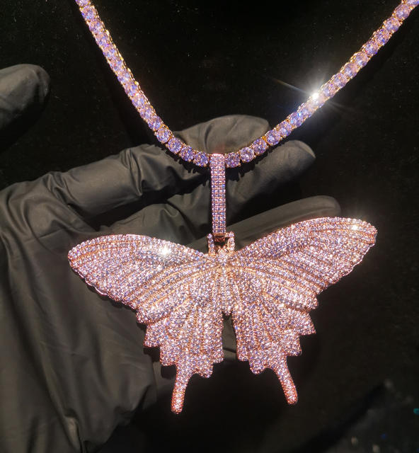 Ins fashion pink zirconia butterfly pendant copper necklace female temperament sweater chain hip-hop accessories