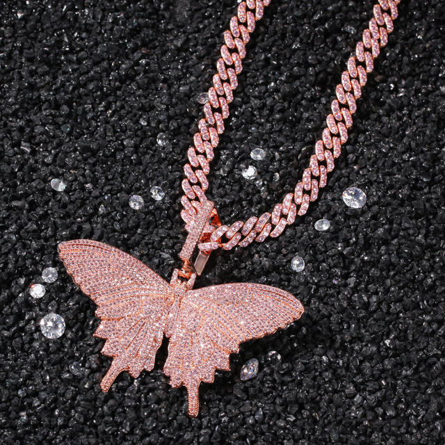 Ins fashion pink zirconia butterfly pendant copper necklace female temperament sweater chain hip-hop accessories