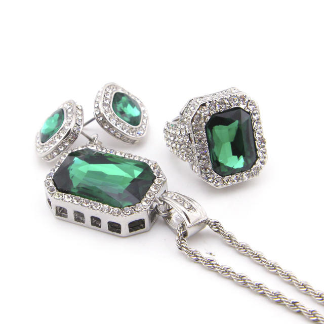 Hip hop jewelry set gemstone ring earrings pendant necklace