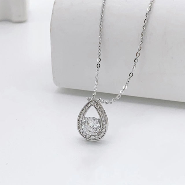 Moissanite 925 Silver Necklace with Delicate Micro Pave Cubic Zirconia, Simple and Exquisite Teardrop Design for Women