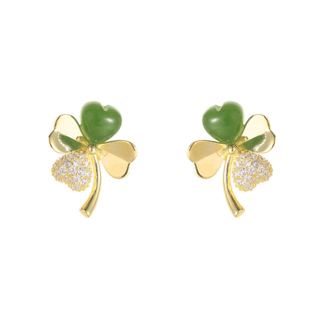 Hetian Jade 925 Silver Four-Leaf Clover Ear Studs Light Luxury Earrings