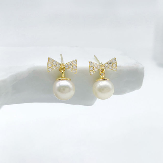 Natural Seawater Pearl 925 Silver Bow Stud Earrings for Women