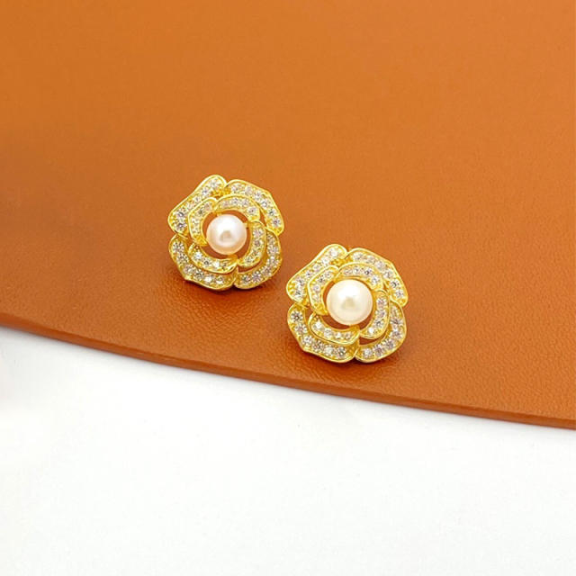 Natural Seawater Pearl 925 Silver Camellia Earrings