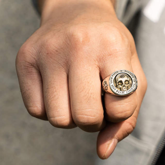 S925 Silver Skull Ring, European and American Open-ended Punk Rock Men's Ring
