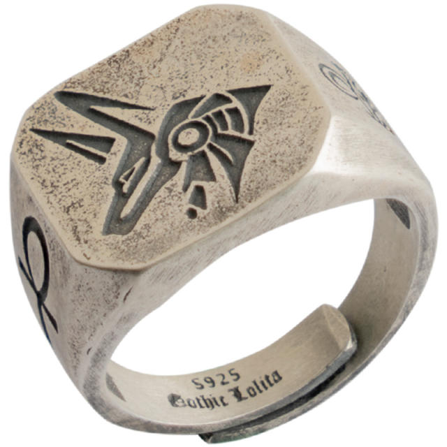 925 Silver Vintage Ring with Falcon Head Horus Eye and Anubis, the God of Death