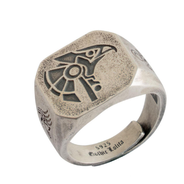 925 Silver Vintage Ring with Falcon Head Horus Eye and Anubis, the God of Death