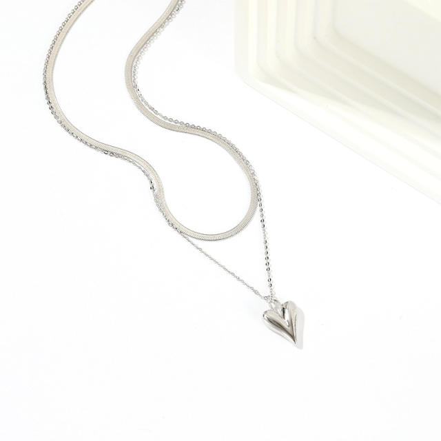925 silver double-layered chain pendant with an abstract heart design, showcasing a metal cold-tone casual style