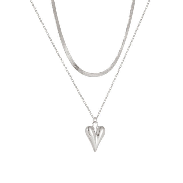 925 silver double-layered chain pendant with an abstract heart design, showcasing a metal cold-tone casual style