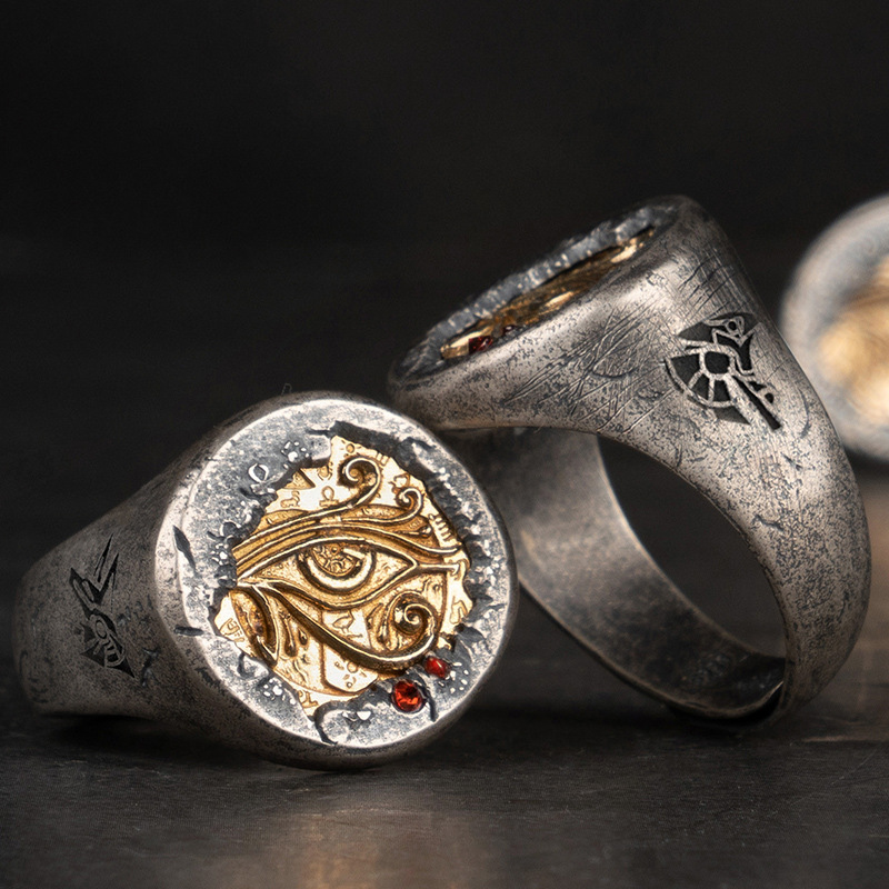 Pharaoh's Treasure Silver Ring with Copper Setting and Horus Eye