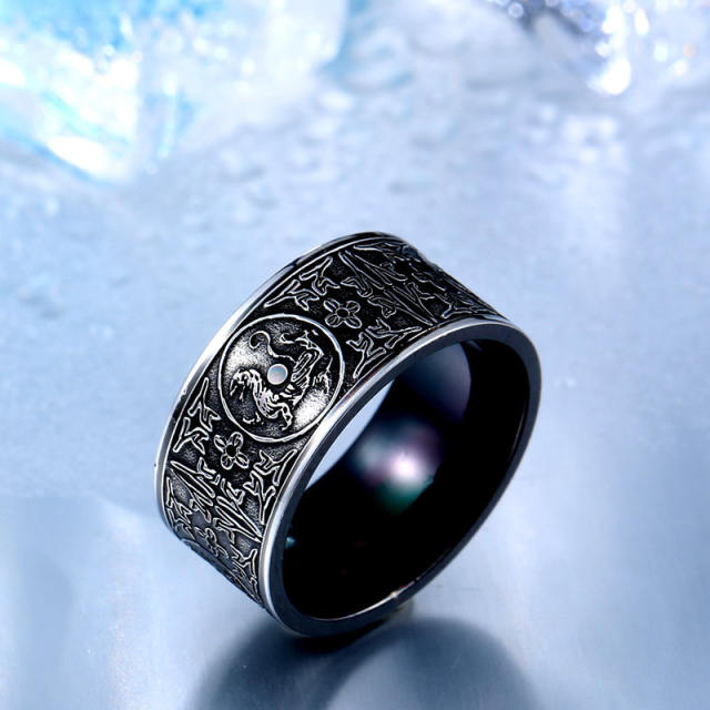 Titanium Steel Wide Band Four Mythical Beasts Ring