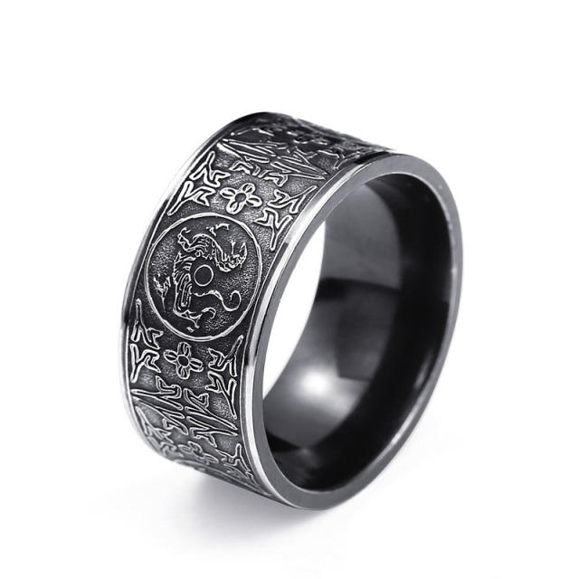 Titanium Steel Wide Band Four Mythical Beasts Ring