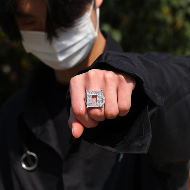 Square zirconium openwork ring for men