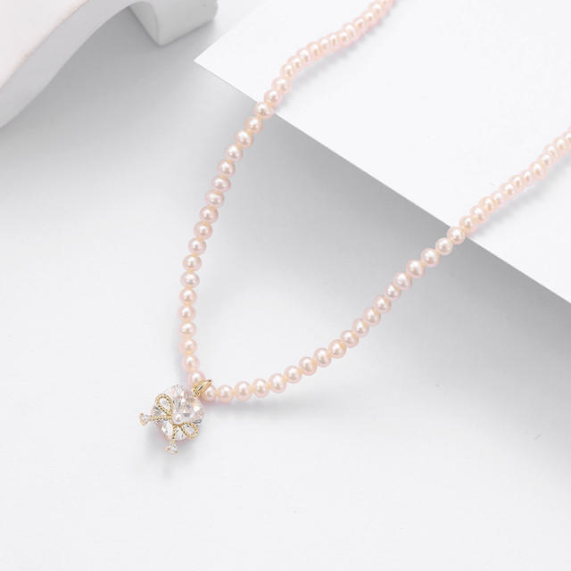 Natural freshwater pearl 925 silver French vintage sweet butterfly bow collarbone chain necklace for women