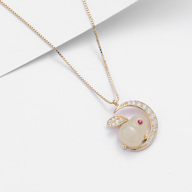 Hetian Jade 925 Silver Crescent Moon Rabbit Pendant Necklace for Women