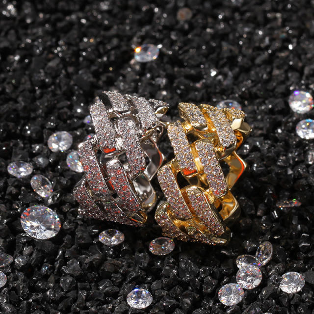 Free shipping Gold plated hip hop Cuban ring with micro set zirconia 2 row diamonds