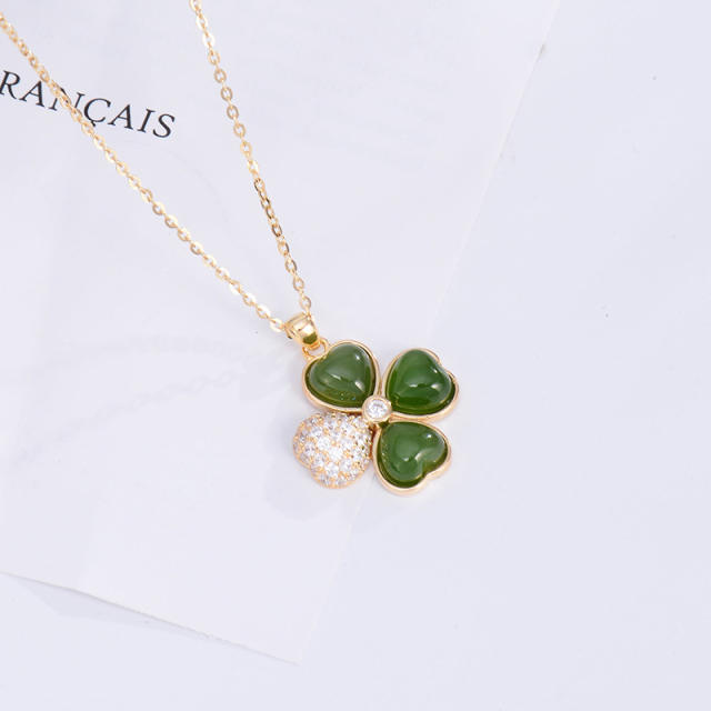 Hetian Jade 925 Silver Lucky Clover Pendant Necklace, Light Luxury and Elegant