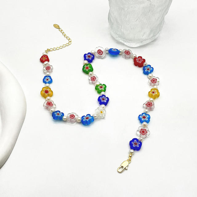 Colorful Plum Blossom Freshwater Pearl Beach Vacation Style Cute Girly Sweet Necklace