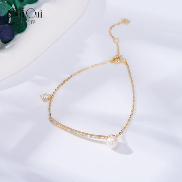 925 Silver Zirconia and Pearl Inlaid Half Bangle Bracelet, Sweet, Fresh, Gentle, Intellectual, and Elegant