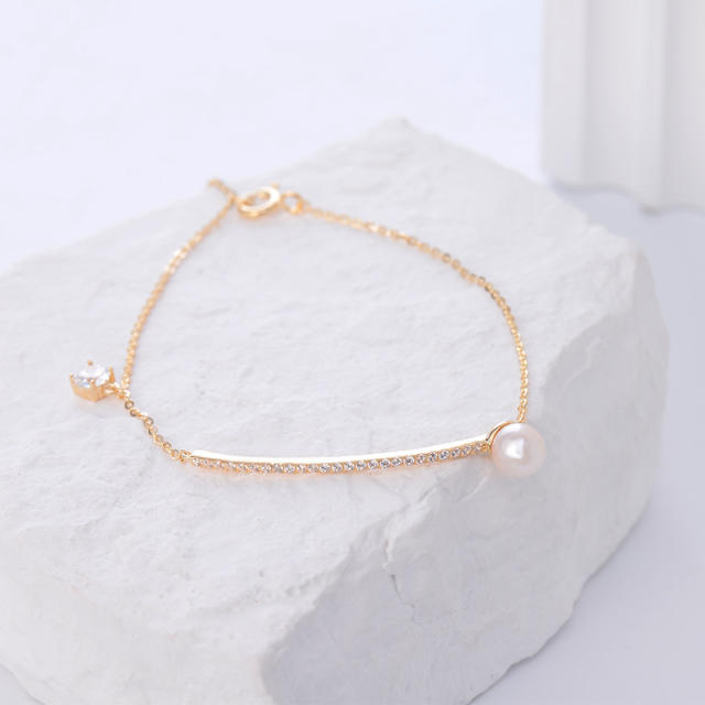 925 Silver Zirconia and Pearl Inlaid Half Bangle Bracelet, Sweet, Fresh, Gentle, Intellectual, and Elegant
