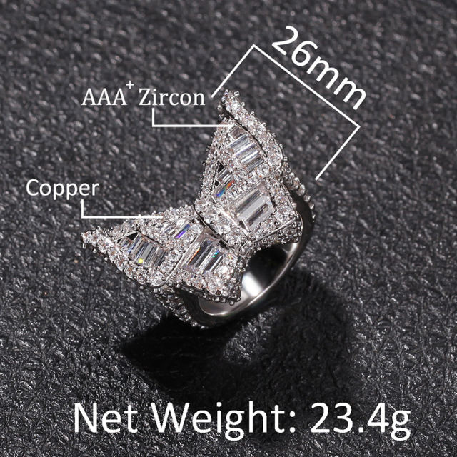 Gold-plated large micro-set zirconia butterfly ring