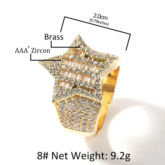 Hip-hop chunky gold-plated zircon pentagram ring