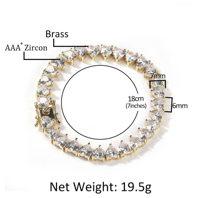 Brass zirconia heart tennis chain bracelet