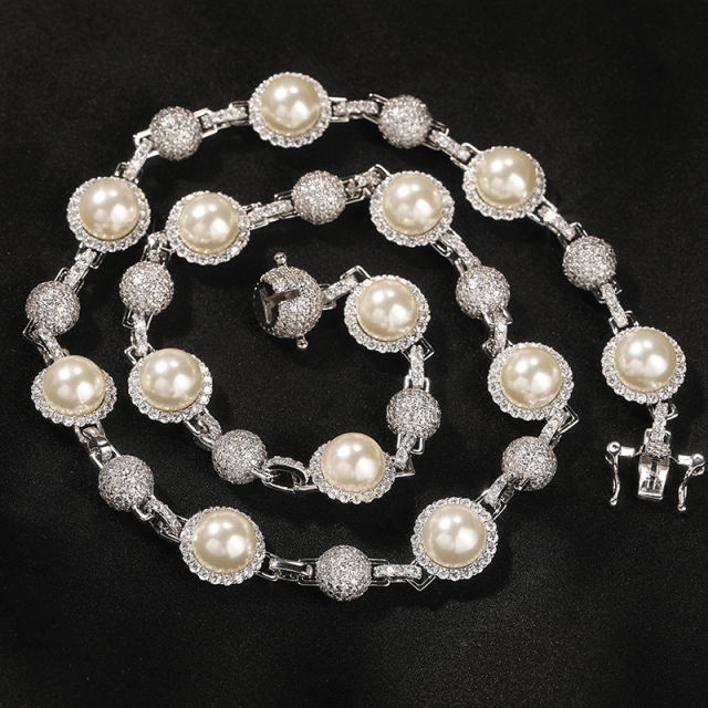 Hip-hop men's zircon pearl stacking chain necklace