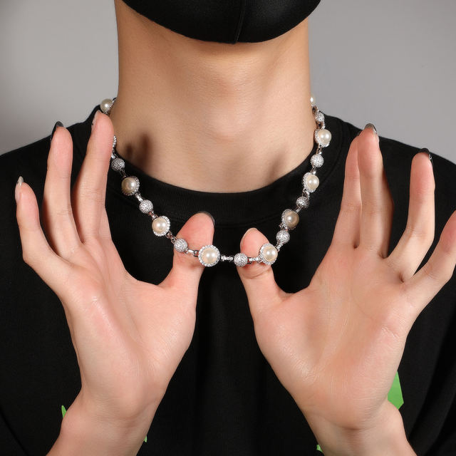 Hip-hop men's zircon pearl stacking chain necklace