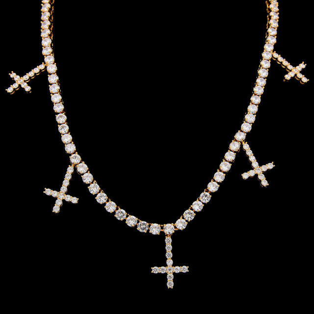 Zirconia cross pendant tennis chain necklace