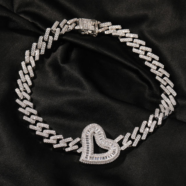 Heart charm zircon cuban chain necklace