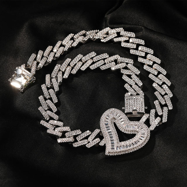 Heart charm zircon cuban chain necklace
