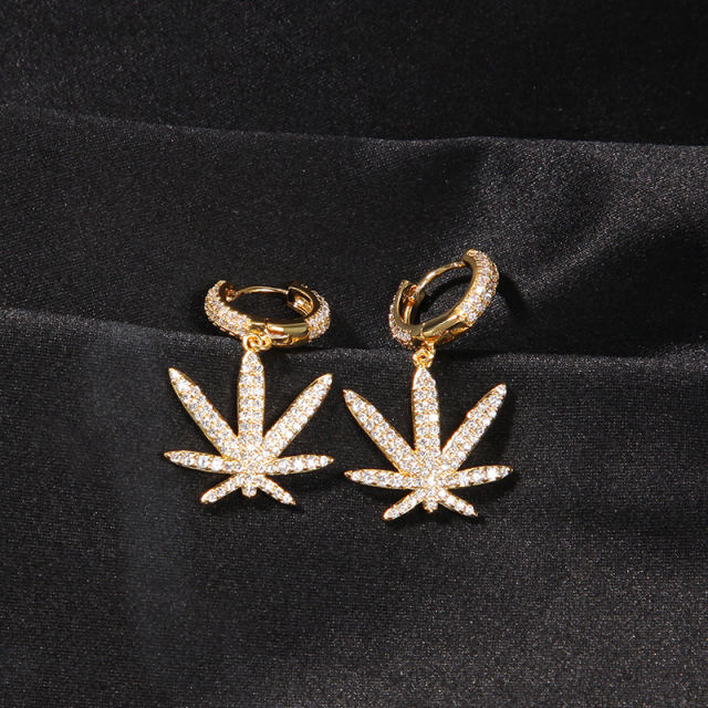 Hip-hop copper inlaid zirconia maple leaf earrings