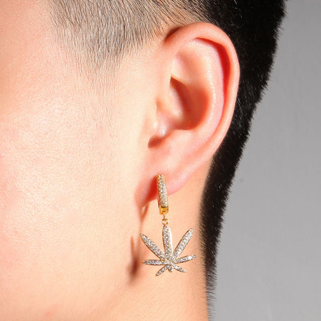 Hip-hop copper inlaid zirconia maple leaf earrings
