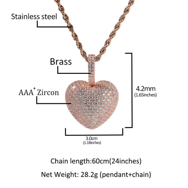Hip hop zirconia heart pendant necklace
