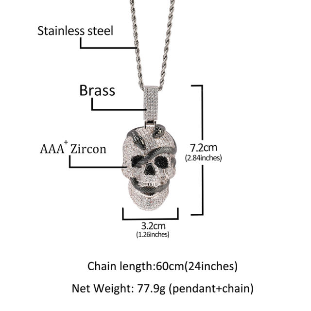 Hip hop zirconia coiled snake skull pendant