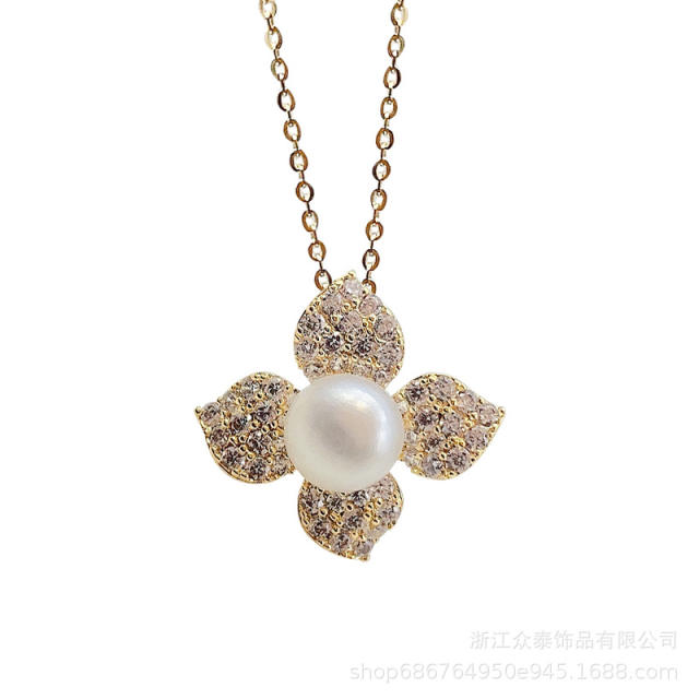 S925 silver single pearl four petals flower necklace
