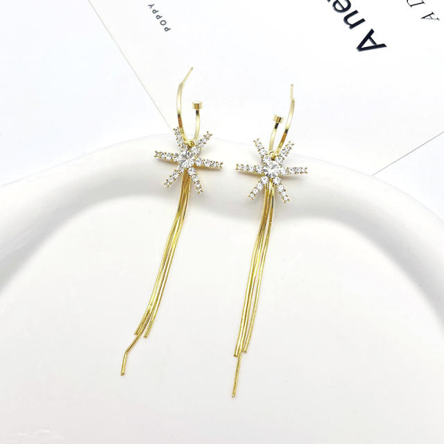 S925 silver needle rhinestone star tassel earrings