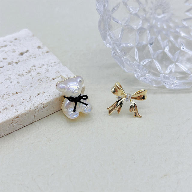 S925 silver needle bow bear earrings