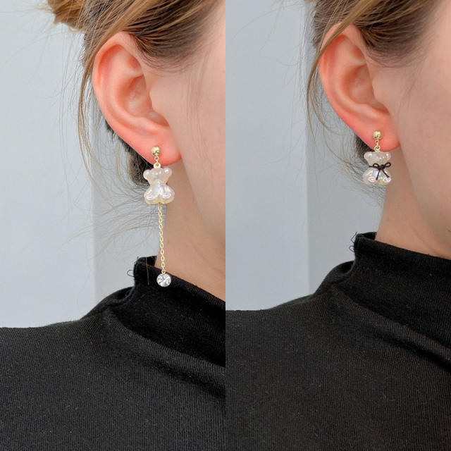 S925 silver needle bow bear earrings