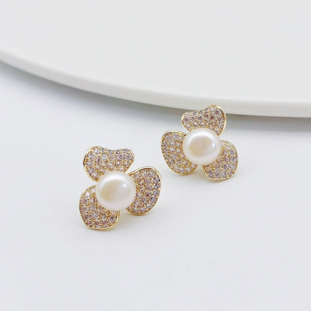 S925 silver needle flower pearl earring
