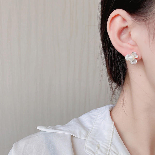 S925 silver needle flower pearl earring