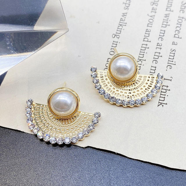 S925 silver needle rhinestone fan-shaped earrings