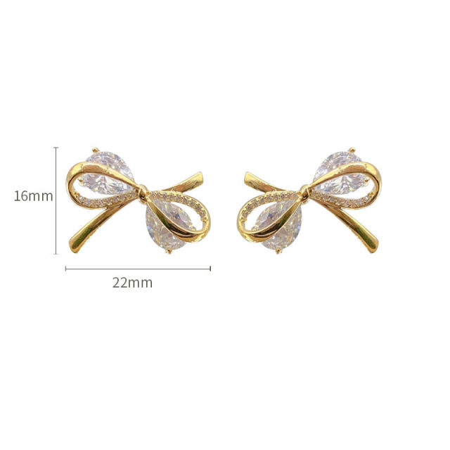 S925 silver needle zirconia hollow bow earrings