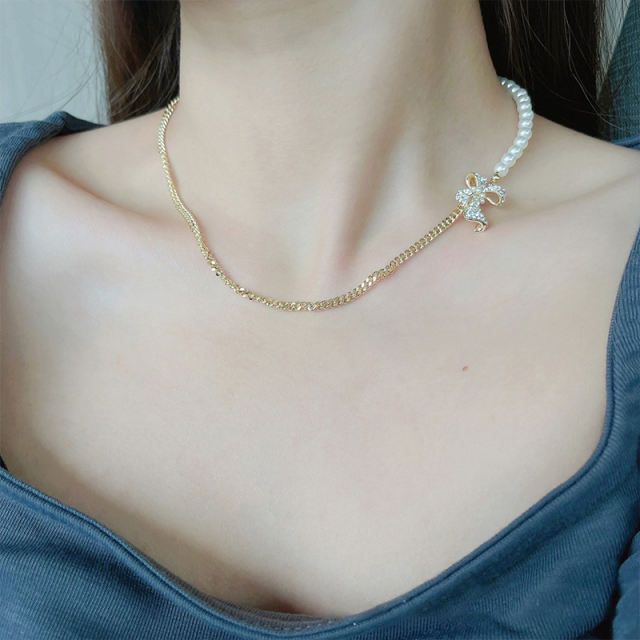 Chain splicing pearl bow charm necklace