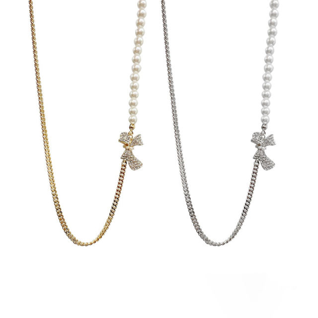Chain splicing pearl bow charm necklace