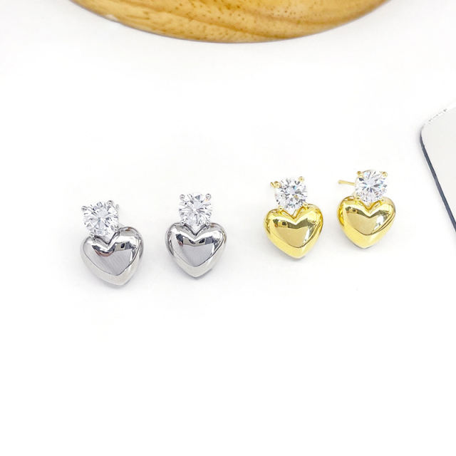 S925 silver needle mirror heart clip earring